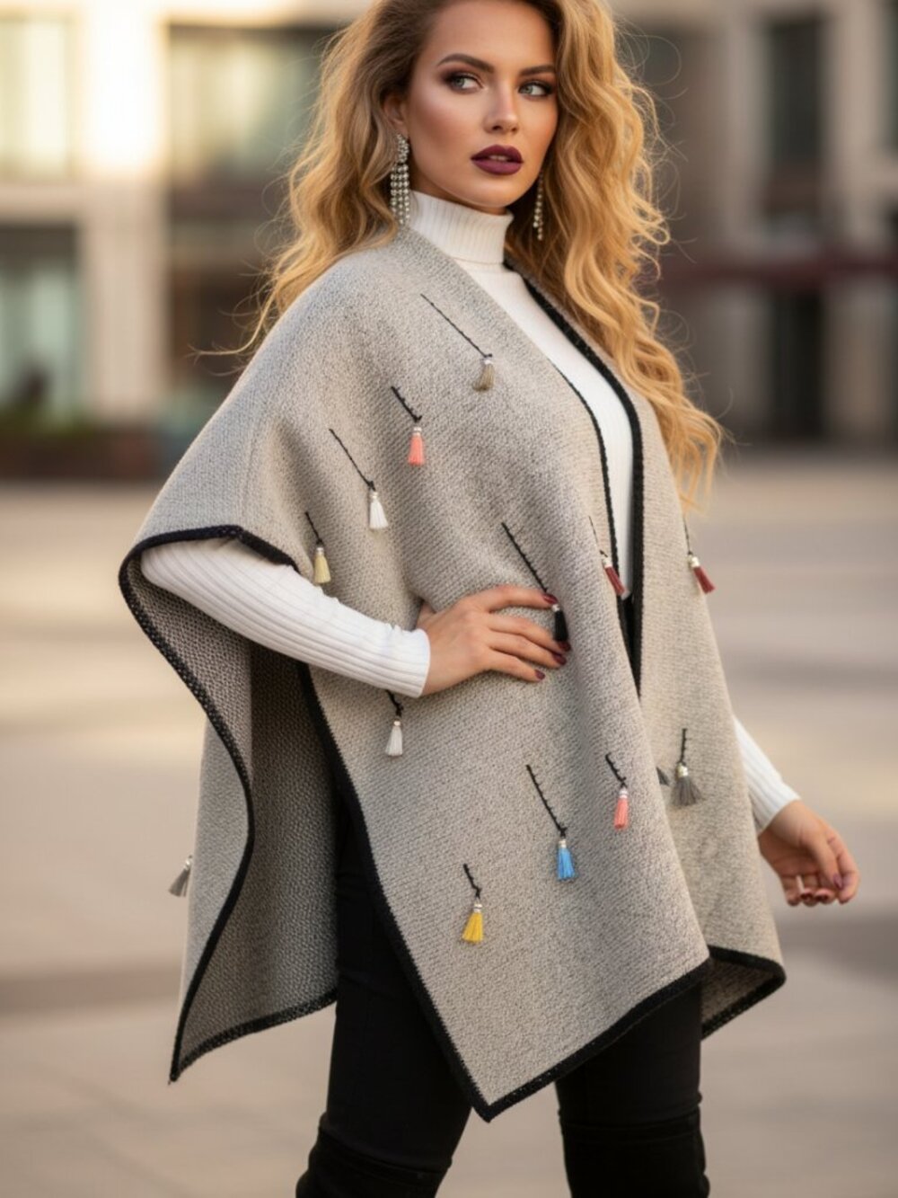 Tan Womens Casual Boho Tassel detailed shawl poncho sweater